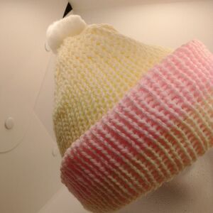 Hand Crafted Knit Unisex Hat  Pink Ivory Winter Warm Beanie Slouchy Ski Cap